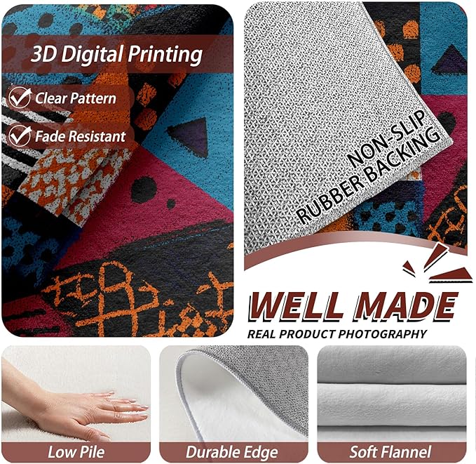 Patchwork Rugs for Entryway - Geometric Abstract Area Rugs 3x4, Multicolor Retro Aesthetic Non Slip Foldable Indoor Throw Carpet Home Decor #C015