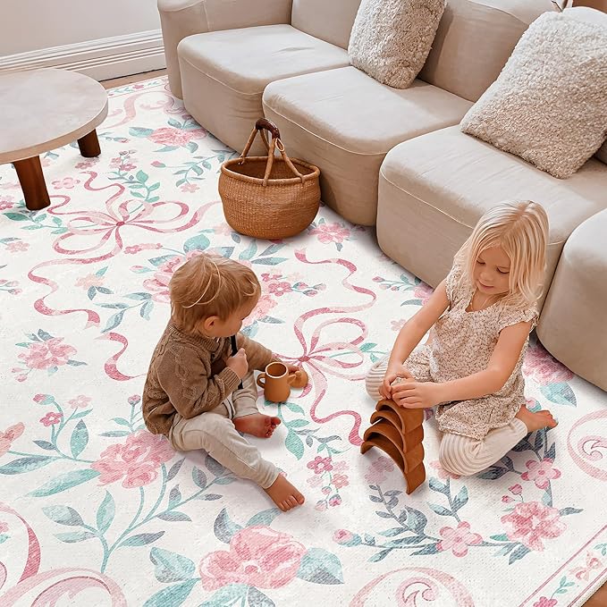 Pink Rug Bow Floral 8x10 Rug, Washable Area Rugs for Bedroom Living Room, Dining Room,Kids Room, Office,Playroom, Boho Modern Aesthetic Farmhouse Decor Non Slip Low Pile Carpet