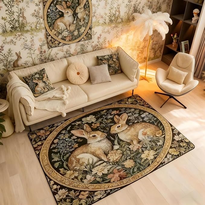Rustic Rabbits Large Area Rug 5x7 Country Plant Leaves Floral Living Room Rug | Vintage Farmhouse Style Farm Animals Rugs for Bedroom, Cute Rabbit Botanical Carpet Indoor Floor Mat