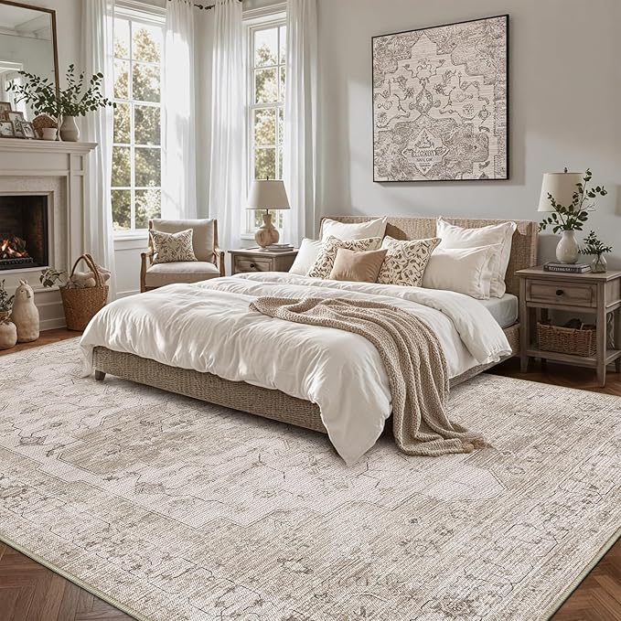LUMI 8x12 Washable Area Rug for Living Room, Ultra Soft Vintage Rugs with TPE Non Slip Backing, Stain Resistant, Low Profile Carpet High Traffic for Bedroom, Dining Room