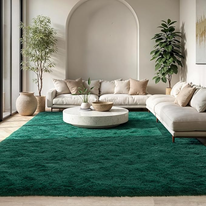 Zentavio Dark Green Area Rugs for Living Room Emerald Green Rugs for Bedroom 8x10 Fluffy Fake Grass Large Carpet for Kids Room Playroom Furry Shag Aesthetic Soft High Pile Washable Home Decor