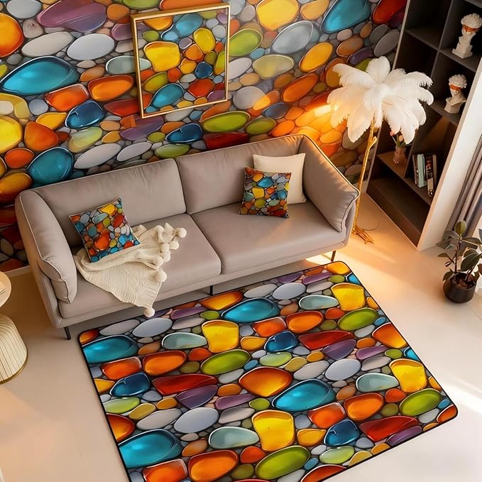 Cobblestone 3x5 Area Rug Rainbow Pebble Rugs for Living Room | Garden Gravel Stone Washable Rug, Watercolor Cobble Carpet Indoor Floor Mat