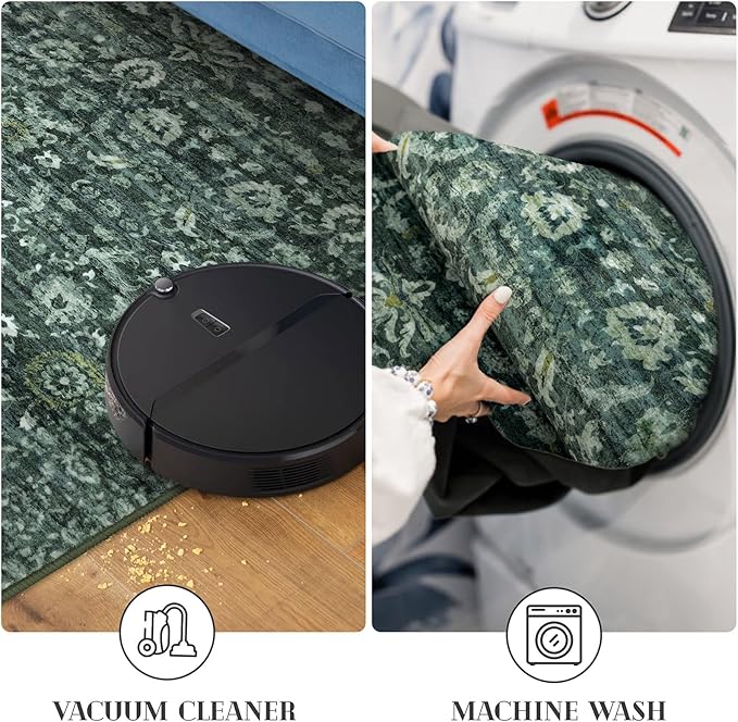 Vintage Runner Rug 3x10, Dark Green Washable Kitchen Runner Non-Slip Soft Hallway Rug Runner Floral Thin Print Faux Wool Carpet for Entryway Bedroom Laundry Room Indoor Home Office Decor