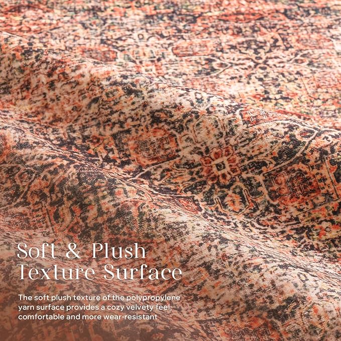 Phantoscope Washable Area Rug 4'x6' Non-Slip, Vintage Neutral Xmas Rugs for Living Room, Bedroom, Dining Room, Distressed Boho Floral Medallion Pattern, Low-Pile Foldable Floor Carpet, Brick Red/Black
