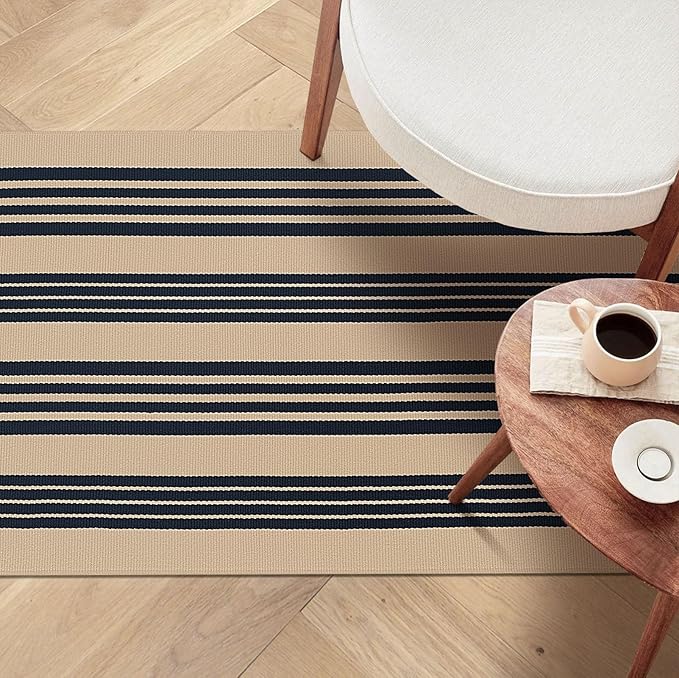 KOZYFLY Striped Front Door Mat 27.5x43 Inches Brown and Black Front Door Rug Cotton Washable Indoor Outdoor Rug Doormats Outdoor Small Striped Area Rugs for Kitchen Entryway Front Porch