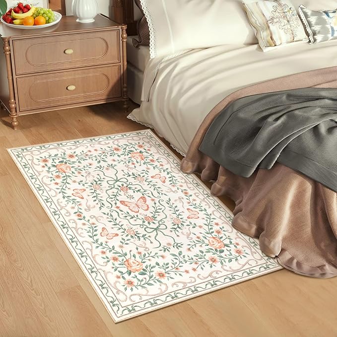 GarveeHome 2x3 Floral Area Rug Non Slip Entryway Mat Low Pile Stain Resistant Butterfly Kitchen Rugs Soft Small Throw Carpet for Dining Room Bedroom Washable Bow Rugs for Living Room Bathroom, 2x3