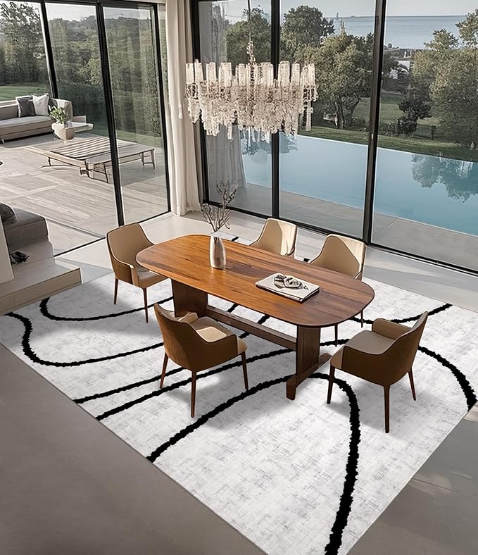 YIHOUSE Modern Area Rugs for Living Room, 8x10 Washable Black and White Rug, Thin Abstract Geometric Striped Rug, Area Rug for Bedroom,Kitchen,Dining Room,Office