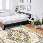 Bohemian Pattern Rectangular Area Rugs for Living Room Bedroom 5 x 6.9 ft Brown & Yellow Abstract Non-Shedding Soft Low Pile Rug Non Slip Washable Rug for Nursery Entryway Playroom