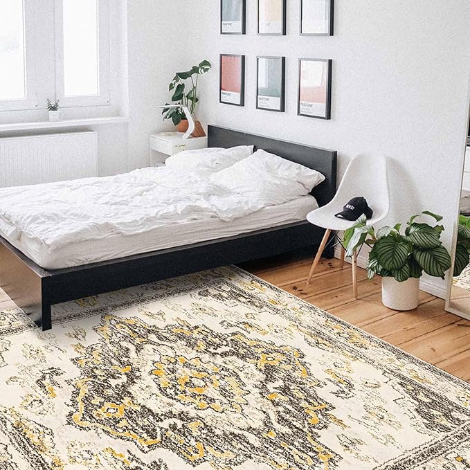 Bohemian Pattern Rectangular Area Rugs for Living Room Bedroom 5 x 8 ft Brown & Yellow Abstract Non-Shedding Soft Low Pile Rug Non Slip Washable Rug for Nursery Entryway Playroom