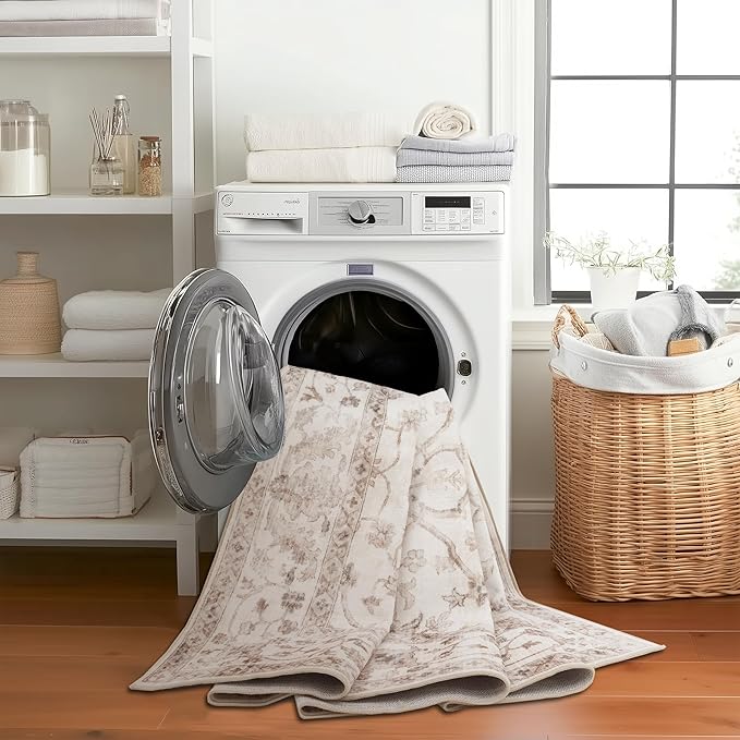 ReaLife Rugs Machine Washable Area Rug Runner - Living Room Bedroom Bathroom Kitchen Entryway Office - Padded Low Pile Stain Resistant Premium - Boho Farmhouse Vintage - BEV - Beige 2'6" x 8'