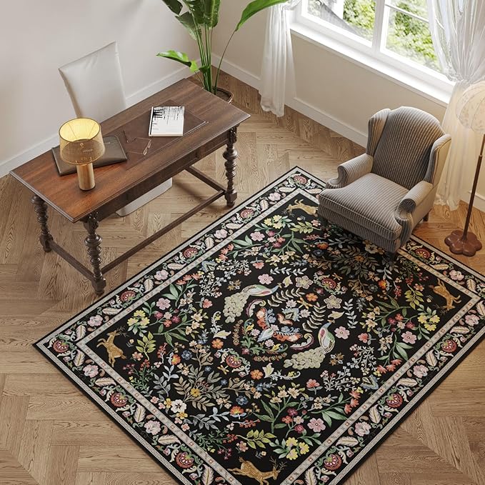 Rugcomf 9x12 Area Rugs for Living Room Washable Rug Floral Non-Slip Large Rug for Living Room, Bedroom, Farmhouse, Dining Room, Kids Playroom (Vibrant Black)