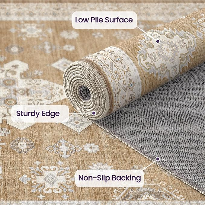 DEXI 8x10 Area Rug for Living Room, Washable Vintage Farmhouse Thin Rug Indoor Floor, Non Slip Stain Resistant Low Pile Carpet for Dining Room Bedroom Office, Light Brown