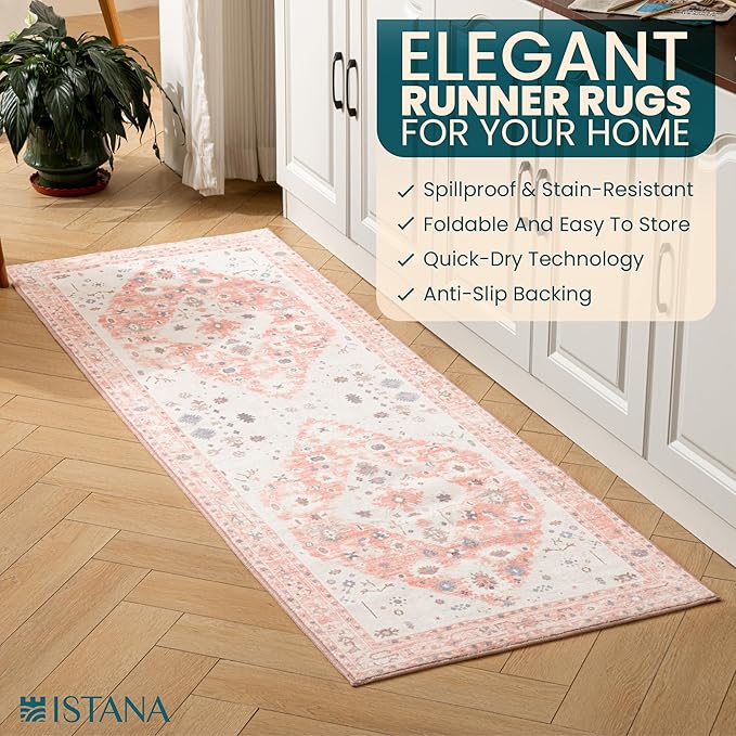 Istana Hallway Runner Rug 2x6 - Pink Kitchen Rugs Non Slip Washable -Silk's Soft Touch Carpet Runner - Stylish Rug Runner for Home