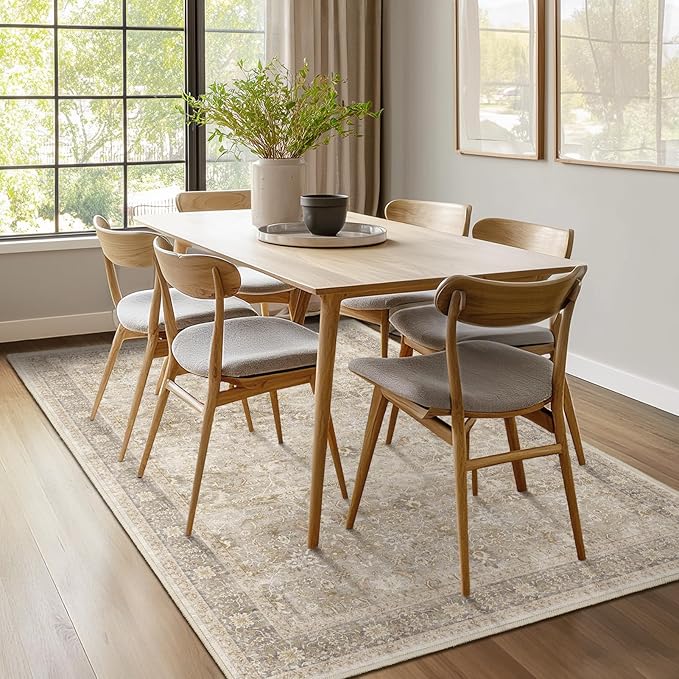 Neutral Beige 5x7 Area Rugs for Living Room Bedroom, Washable Non Slip Low Pile Thin Soft Carpet Rugs for Dining Room/Kitchen/Home Office/Nursery, Vintage Earth Tone Rug with Decorative Fringe