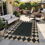 Moynesa Easy Jute Outdoor Rug 5x7 Area Rugs, Washable Checkered Rugs for Living Room Non Slip, Farmhouse Neutral Carpet for Backyard Dining Room Balcony, Black Grid Pattern