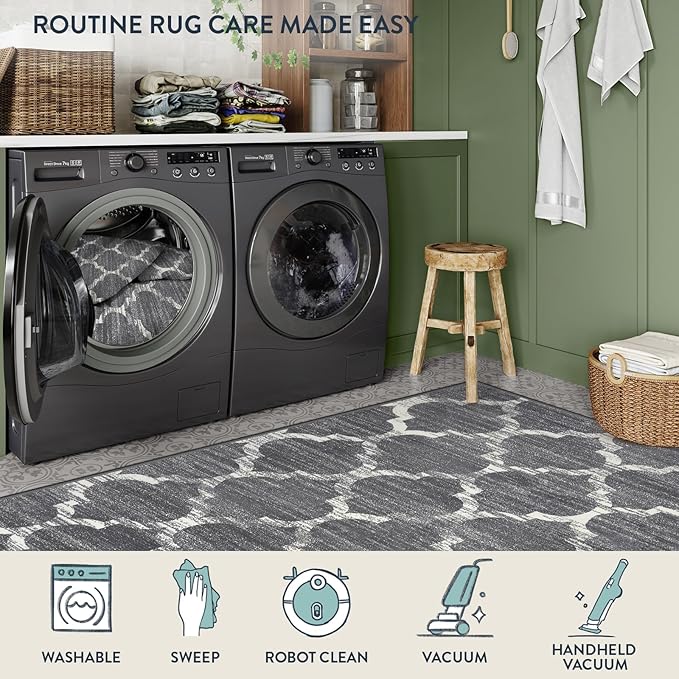 Lahome Moroccan Washable Rugs 3x5 Entryway Rug- Small Rugs for Bedroom Throw Non-Slip Low-Plie Kitchen Rug Soft Grey Distressed Capet for Office Bathroom Living Room Dining Room
