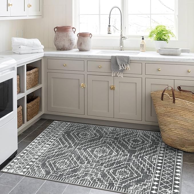 Wonnitar Moroccan 3x5 Washable Area Rug, Boho Living Room Rug, Non-Slip Farmhouse Rustic Bedroom Throw Mat, Non-Shedding Soft Geometric Floor Carpet for Kitchen Entry Office (Dark Grey,3'x5')