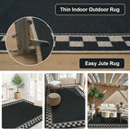 OJIA Easy Jute Area Rug 8x10, Large Outdoor Patio Rugs Washable Rugs for Living Room Checkered Border Farmhouse Indoor Outdoor Carpet Modern Non-Slip Black Rug for Bedroom Backyard Office Decor