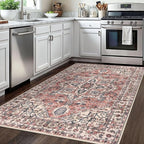 KOZYFLY Area Rug 4x6 Ft Washable Rugs for Entryway Non Slip Faux Wool Printed Throw Rug for Kitchen Bedroom Hallway Living Room Indoor Floor Decoration, Terracotta/Beige