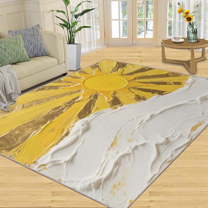 Boho Sun Area Rugs 4x6ft, Abstraction Deco Carpet for Bedroom, Minimalist Sunburst Rug for Living Room Easy to Clean for Indoor Outdoor Hardwood Floors Home Decor