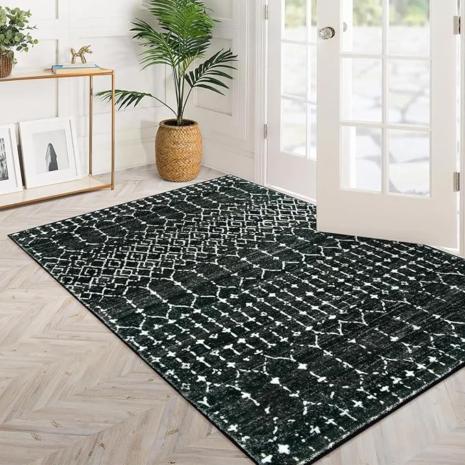 Lahome Moroccan Black Area Rug for Living Room 3x5 Non-Slip Washable Stain Resistant Large Kitchen Rugs Throw Low-Profile Soft Bedroom Carpet Geometric Print Distressed Rug for Entryway Dining Room