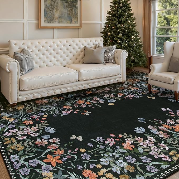 Wonnitar Washable 8x10 Rug, Non-Slip Soft Black Botanical Area Rugs for Living Room, Non-Shedding Large Bedroom Rug, Ultra-Thin Stain Resistant Floor Carpet for Dining Table (Black,8'x10')