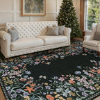 Wonnitar Washable 5x7 Rug, Black Botanical Area Rugs for Living Room, Non-Slip Soft Rug for Bedroom, Vintage Low Pile Dining Room Floral Rug Carpet for Bedside Mud Room (Black,5'x7')