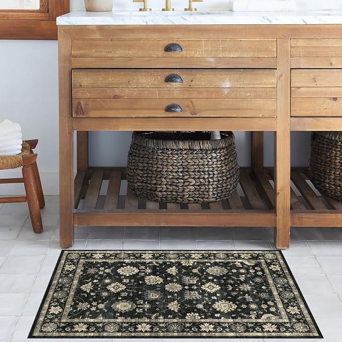 2x3 Washable Entry Rug - Small Entryway Area Rug Non-Slip Door Mat Indoor Entrance Charcoal Black Vintage Floral Kitchen Rug Low Pile Boho Throw Rugs for Entryway Bedroom Bathroom
