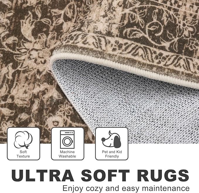 KILOCOCO Hallway Runner 2x6 Rug Runner Printed Floral Washable Kitchen Runners Non-Slip Rubber Backed Runners for Hallways Laundry Room Distressed Boho Rugs for Entryway Bedroom, Rust Brown Red
