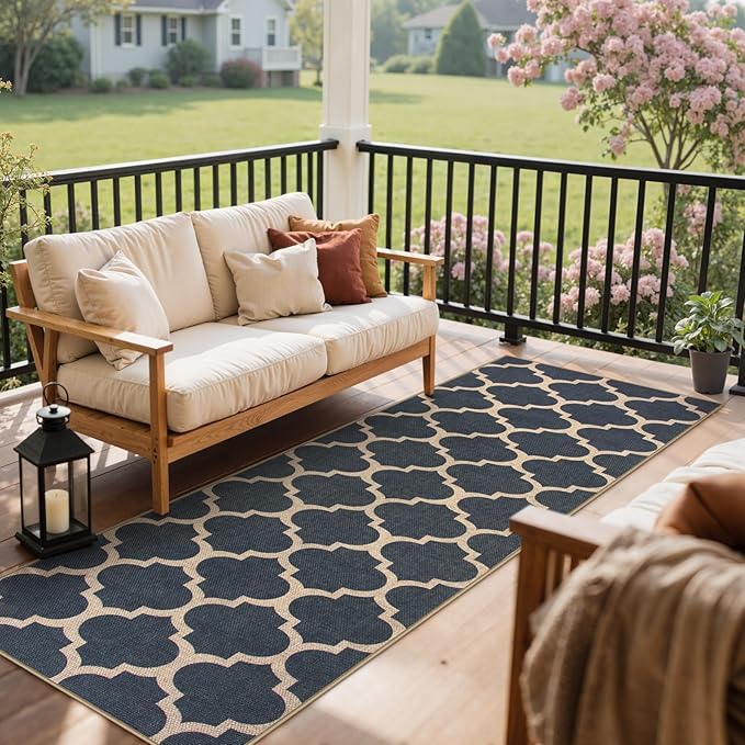 Lahome Moroccan Easy Jute Runner Rug, Blue Washable Runner Rugs for Outdoor Porch Hallway, Geometric Trellis Woven Long Carpet for Doorway, Thin Non Slip Outdoor Decor, 2'6'' x 8'