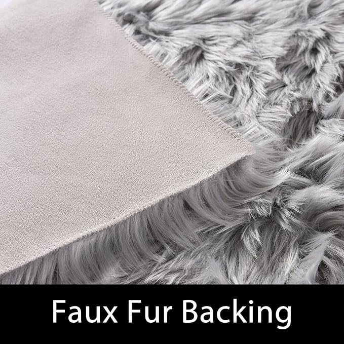 Latepis 2x8 Runner Non-Slip Grey Fluffy Rugs for Bedroom Washable Faux Sheep Skin Rug for Living Room Home Decor Rectangle