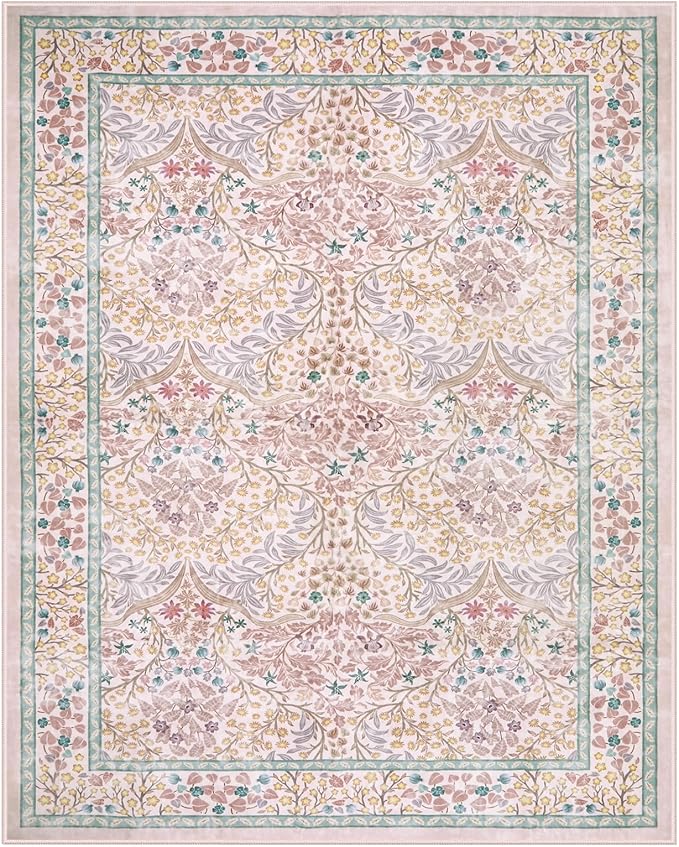 Lahome Floral Washable Rugs 8x10, Soft 8x10 Area Rugs for Living Room Bedroom, Boho Non-Slip Pink Forest Design Large Throw Carpet for Farmhouse Dining Room Office, Pink