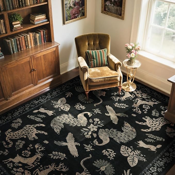 Moynesa Vintage Animal Washable Area Rugs 5x7, Retro Black Gold Area Rug for Bedroom Living Room Dining Room Office Study, Low Pile Soft Non-Slip Lightweight Carpets for Home Decor