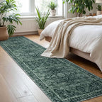 KOZYFLY Runners for Hallways 2x8 Ft Washable Kitchen Runner Rug Boho Entry Rug for Hallways Indoor Printed Faux Wool Long Floor Carpet for Entryway Bedroom Kitchen Hallway, Dark Green
