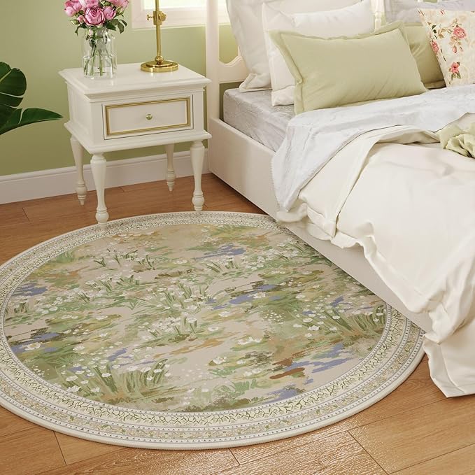 Rugcomf Circle Rug Impressionist-Style Vintage Round Rug 4ft Non Slip Low Pile Small Circular Rug for Bedroom Bathroom Entryway Kids Room Office College Dorm, Beige