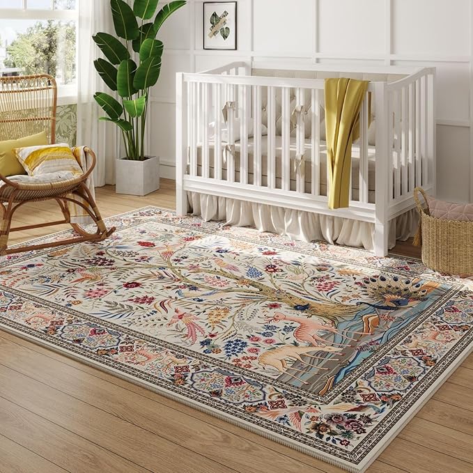 Rugcomf Area Rugs 5x7 Vibrant Tree of Life-Patterned Vintage Washable Area Rug Non Slip Low Pile Large Rugs for Living Room Bedroom Farmhouse Dining Room Kids Playroom, Beige