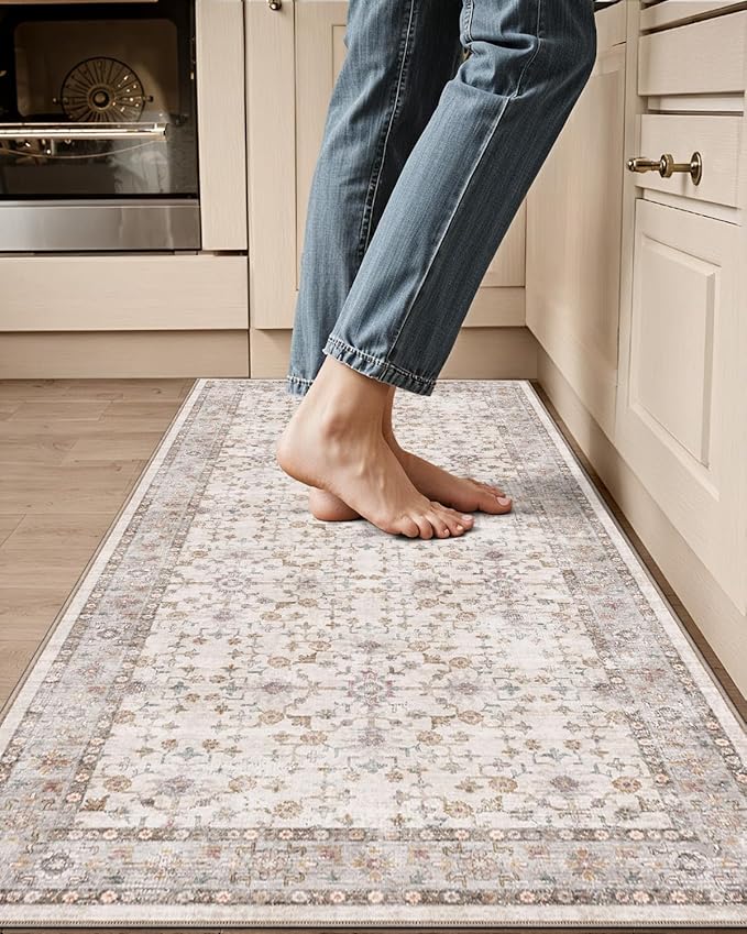 LUMI Washable Kitchen Rug, 23x87 Non-Slip Indoor Hallway Runner, Soft Low Pile Vintage Distressed Area Rugs for Laundry, Bedroom, Beige