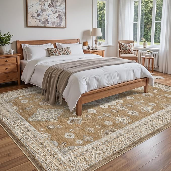 DEXI 8x10 Area Rug for Living Room, Washable Vintage Farmhouse Thin Rug Indoor Floor, Non Slip Stain Resistant Low Pile Carpet for Dining Room Bedroom Office, Light Brown