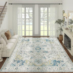jinchan Area Rug 8x10 Washable Living Room Rug Vintage Indoor Large Floor Cover Distressed Lightweight Non-Slip Low Pile Thin Mat Stain Resistant Carpet for Bedroom Dining Room Office Light Blue