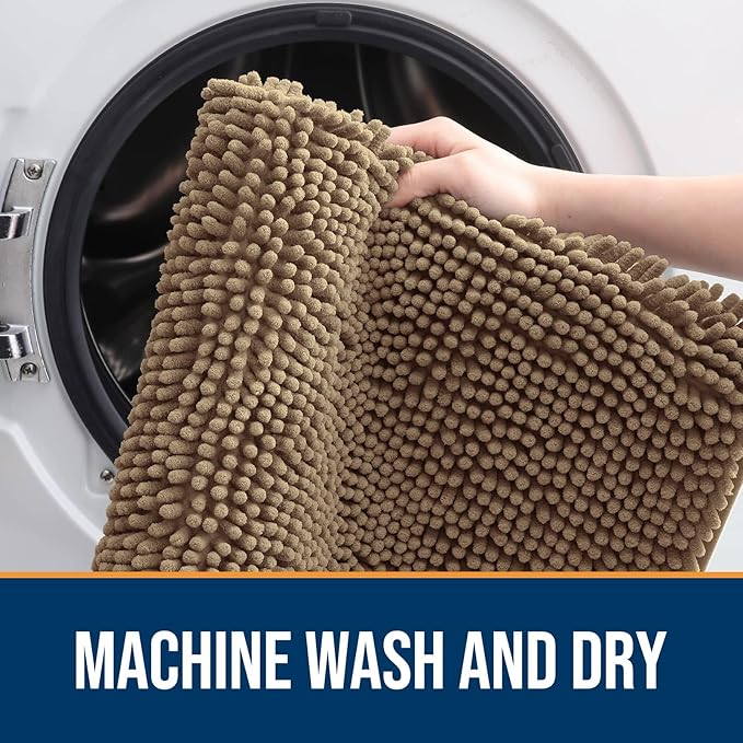 OLANLY Dog Door Mat for Muddy Paws 47x20, Absorbs Moisture and Dirt, Absorbent Non-Slip Washable Doormat, Quick Dry Chenille Mud Mat for Dogs, Entry Indoor Entryway Carpet for Inside Floor, Tan