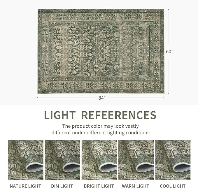 Vintage Washable Area Rug for Living Room,Low Pile 6x9 Non Slip Carpet Non-Shedding Area Rug Soft Indoor Stain Resistant Rug Floral Print Mat for Bedroom Dining Room Green