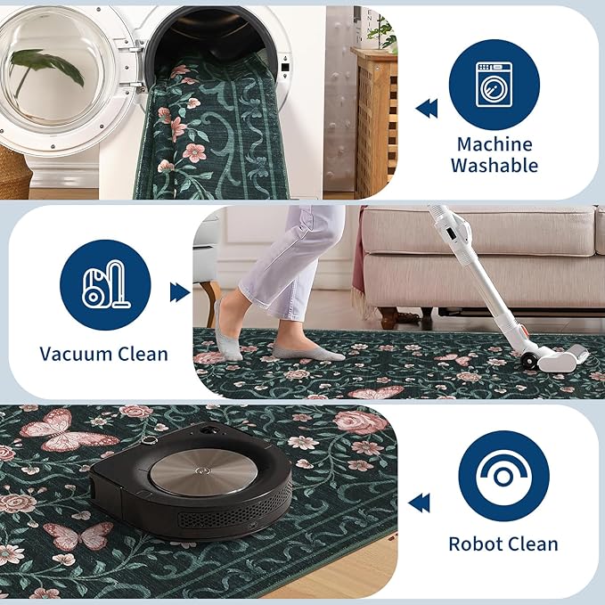 GarveeHome Floral Area Rug 4x6 Entryway Rug Low Pile Bedroom Black Bow Rugs Non Slip Stain Resistant Dining Room Throw Carpet Small Living Room Butterfly Rugs Soft Boho Mats for Kitchen Nursery, 4x6