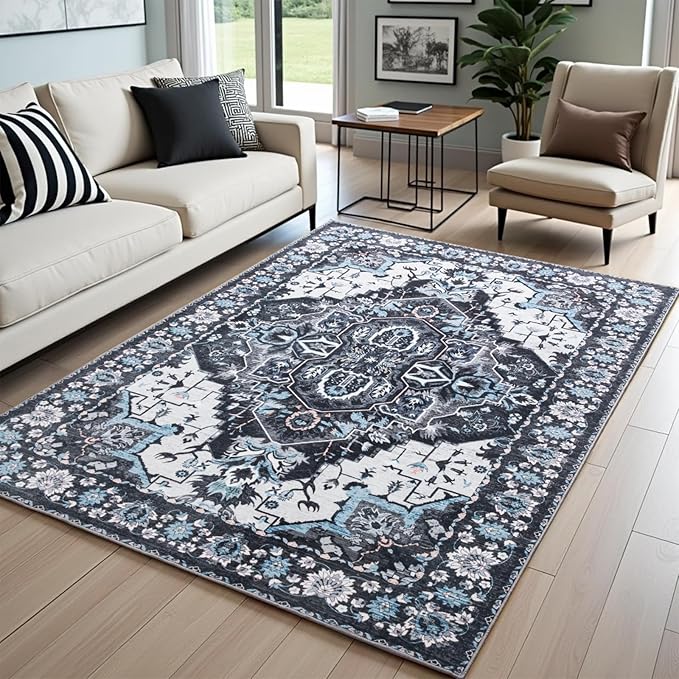 Area Rug for Living Room, 6x9 Machine Washable Non Slip Large Faux Wool Throw Rug, 0.3″ Low Pile & Non-Shedding Boho Large Carpet Rugs for for Dining Room, Bedroom, Office (Black)