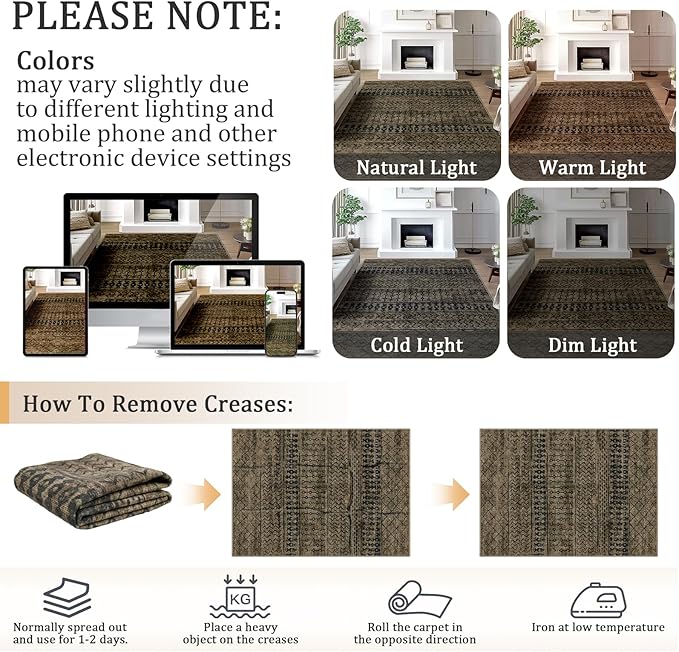 2x3 Machine Washable Area Rug for Entryway, Brown Black Vintage Moroccan Rug Non-Slip Low Pile Soft Faux Wool Small Carpet, Kids and Pets Friendly for Bedroom Kitchen Hallway Bedside Home Decor Rug