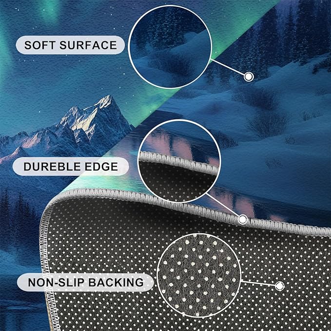 4x6 Snowy Mountains Cafe Rug - Aurora Borealis Rugs for Bedroom Aesthetic, Polar Landscape Soft Comfortable Non-Slip for Offie Bedroom Study Boy Girl Room Hotel Dorm