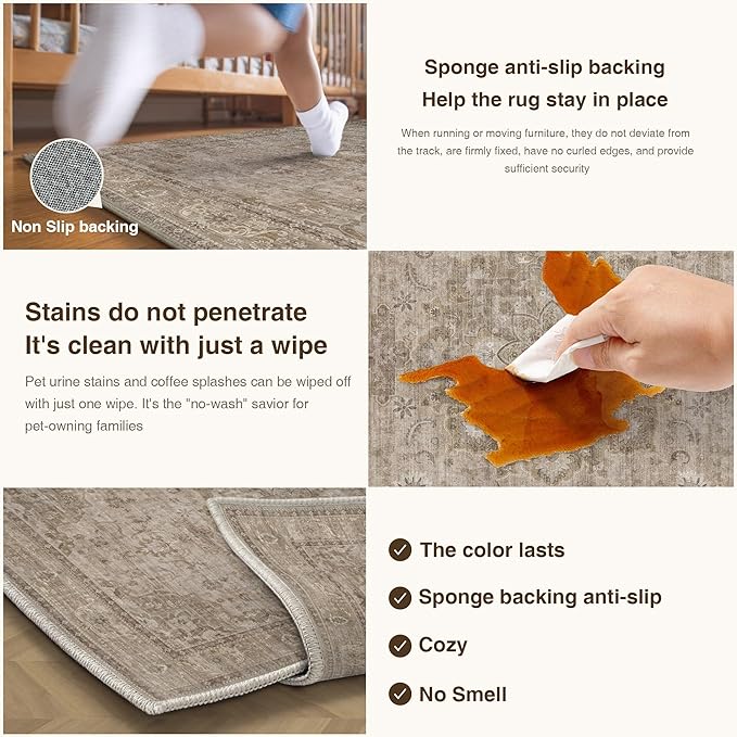 HUGEAR Washable 5x7 Area Rugs Retro Brown Living Room Bedroom Rug Vintage Distressed Non Slip Stain Resistant Low Pile Neutral Throw Carpet for Home Decor