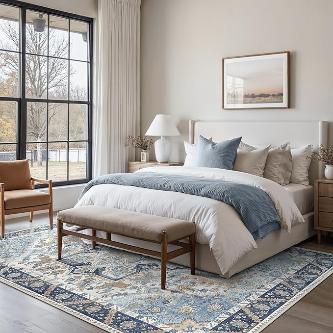 5x7 Area Rug Machine Washable Boho Rug for Living Room,Ultra-Thin Low Pile Carpet,Lightweight Indoor Printed Rug,Non Slip Floral Area Rug for Bedroom, Dining Room, Home Office,Blue