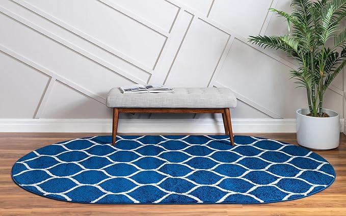 Rugs.com Lattice Frieze Collection Rug – 8' x 10' Oval Navy Blue Medium Rug Perfect for Living Rooms, Large Dining Rooms, Open Floorplans
