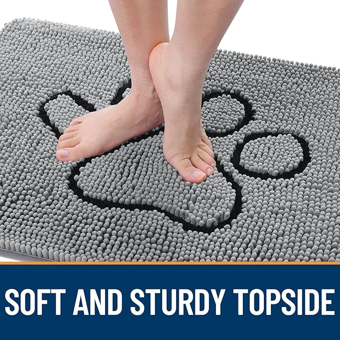 OLANLY Dog Door Mat for Muddy Paws 24x16, Paw Print Design, Absorbs Moisture and Dirt, Absorbent Non-Slip Washable Doormat, Quick Dry Chenille Mud Mat for Dogs, Entry Indoor Entryway Carpet, Grey