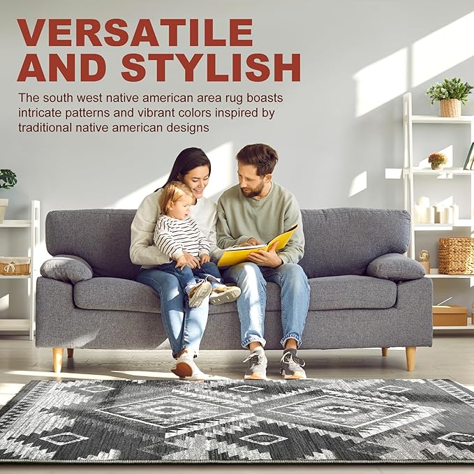 YHSF South West Native American Rug Ritz – Native Tribal American Indian Inspired Rug - Living Room, Bedroom, Hallway, Entryway & High-Traffic Area Rugs - Washable - Soft - Dark Grey, 2 Feet x 7 Feet